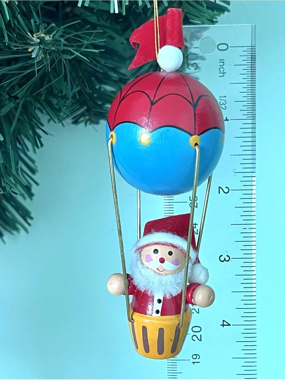 Vintage Santa Hot Air Balloon Ornament Hand-Painted Wood